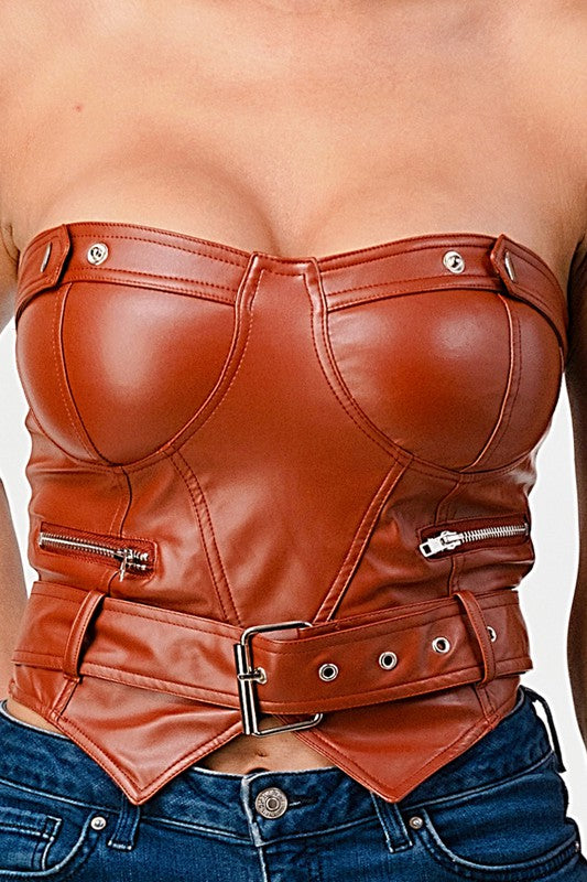 brown faux leather top