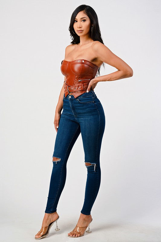 brown faux leather top