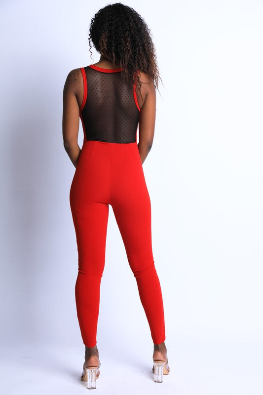 Mesh Color Block Zip-Up Jumpsuit