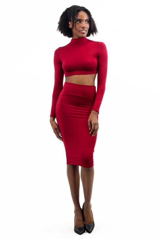 Burgandy Cropped Long Sleeve and Midi Skirt Set