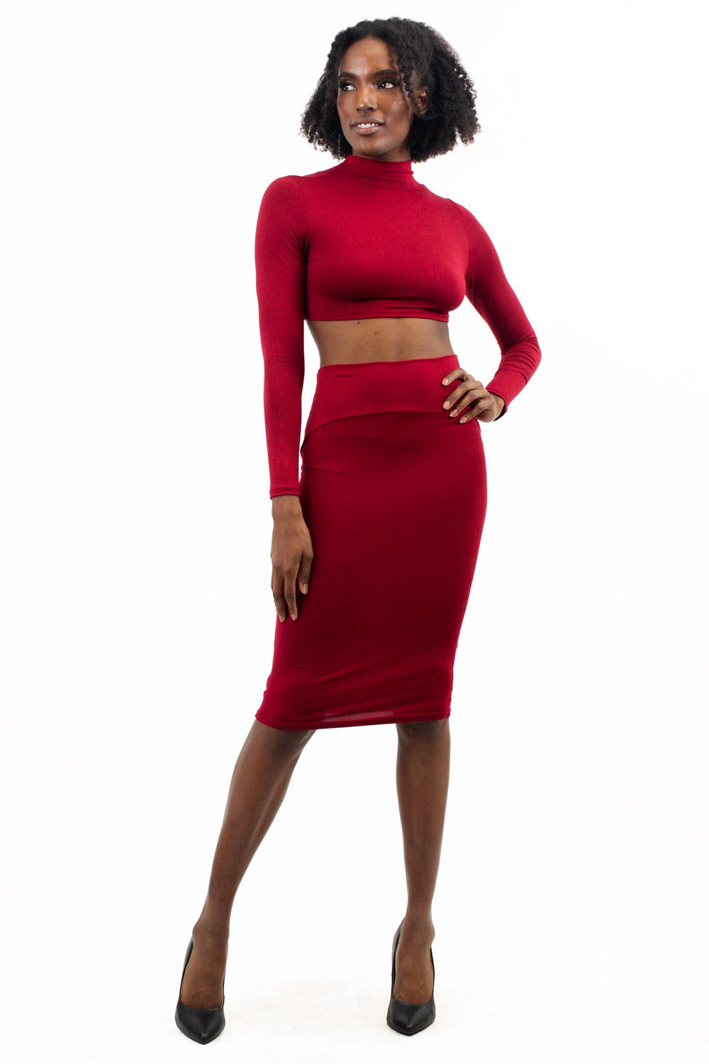 Burgandy Cropped Long Sleeve and Midi Skirt Set