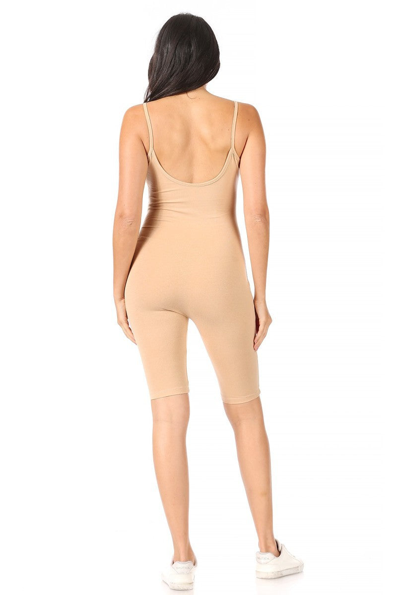 Solid Ribbed Spaghetti Strap Biker Catsuit