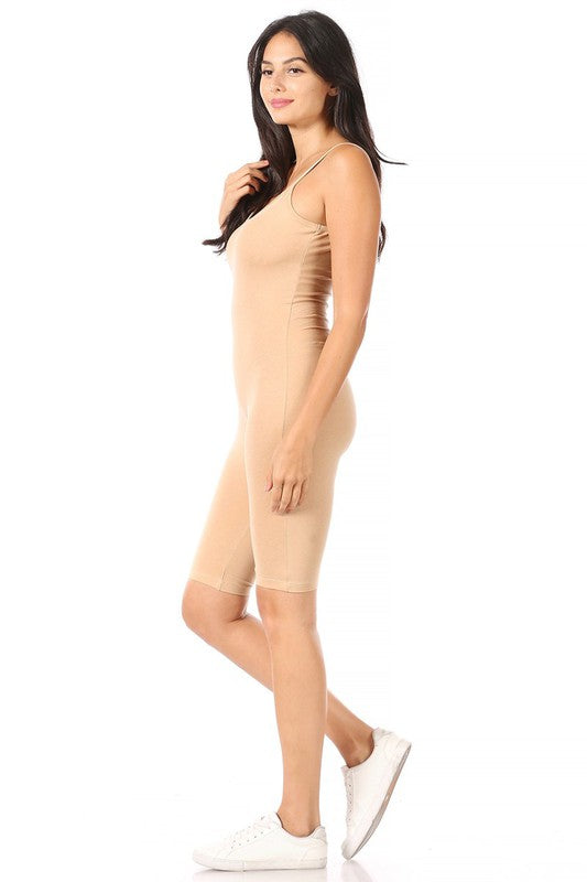 Solid Ribbed Spaghetti Strap Biker Catsuit