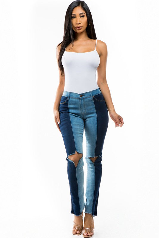 Two Tone Denim Ripped Straight Leg Jeans