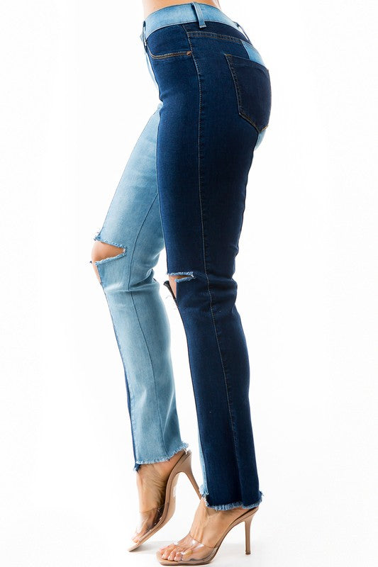 Two Tone Denim Ripped Straight Leg Jeans