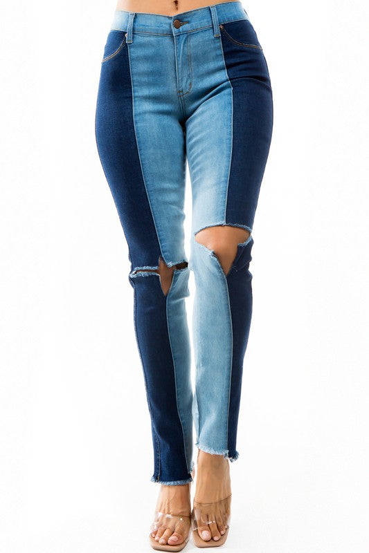 Two Tone Denim Ripped Straight Leg Jeans
