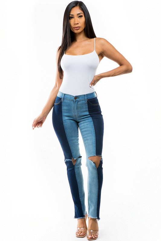 Two Tone Denim Ripped Straight Leg Jeans