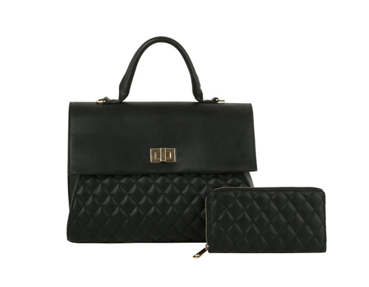 black quilt satchel bag with wallet set