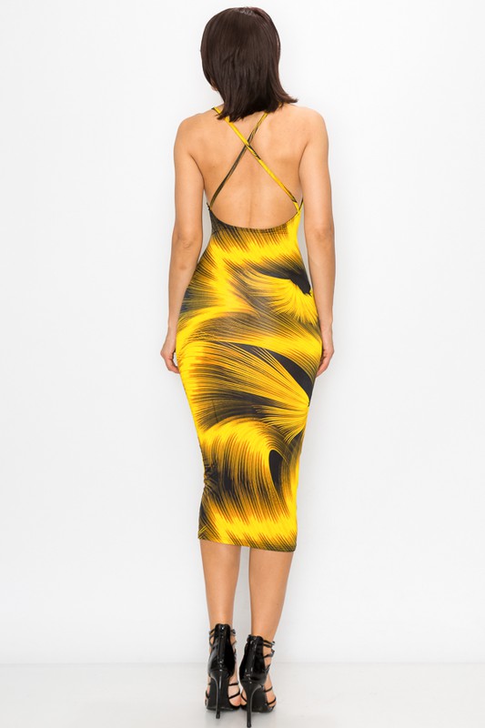 Omaria Gold and Black sleeveless midi dress