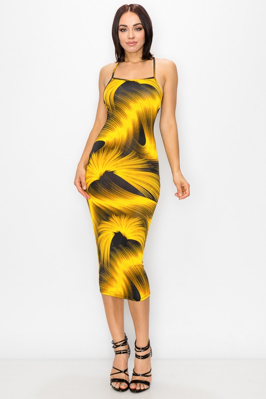 Omaria Gold and Black sleeveless midi dress