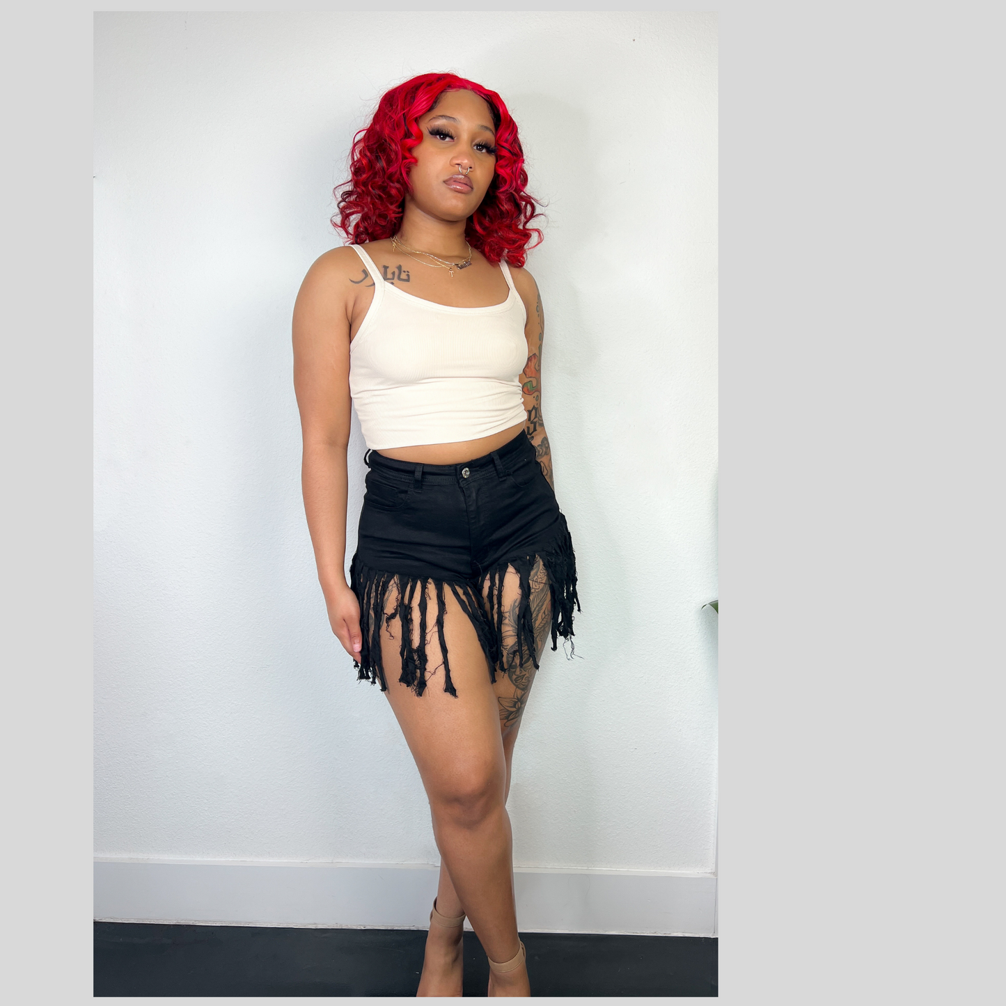 high waist stretch fringed denim shorts