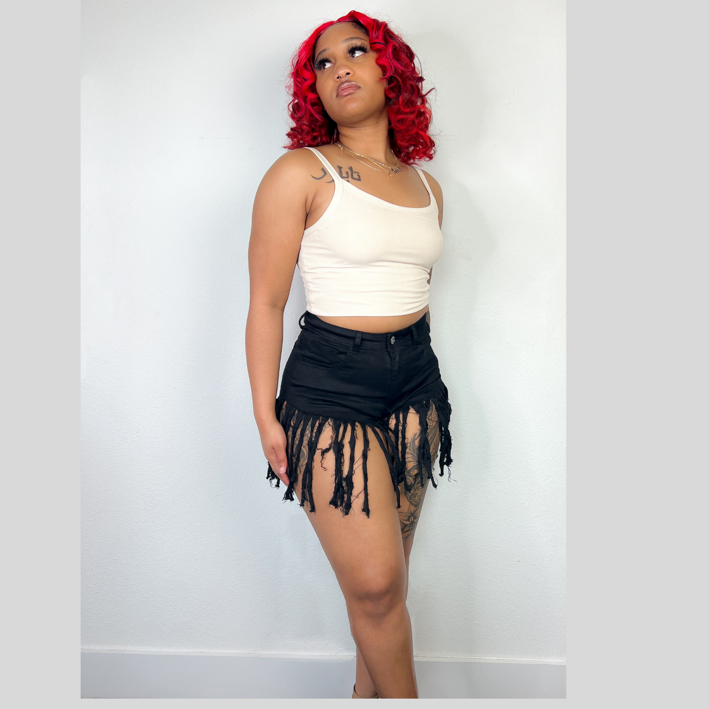 high waist stretch fringed denim shorts