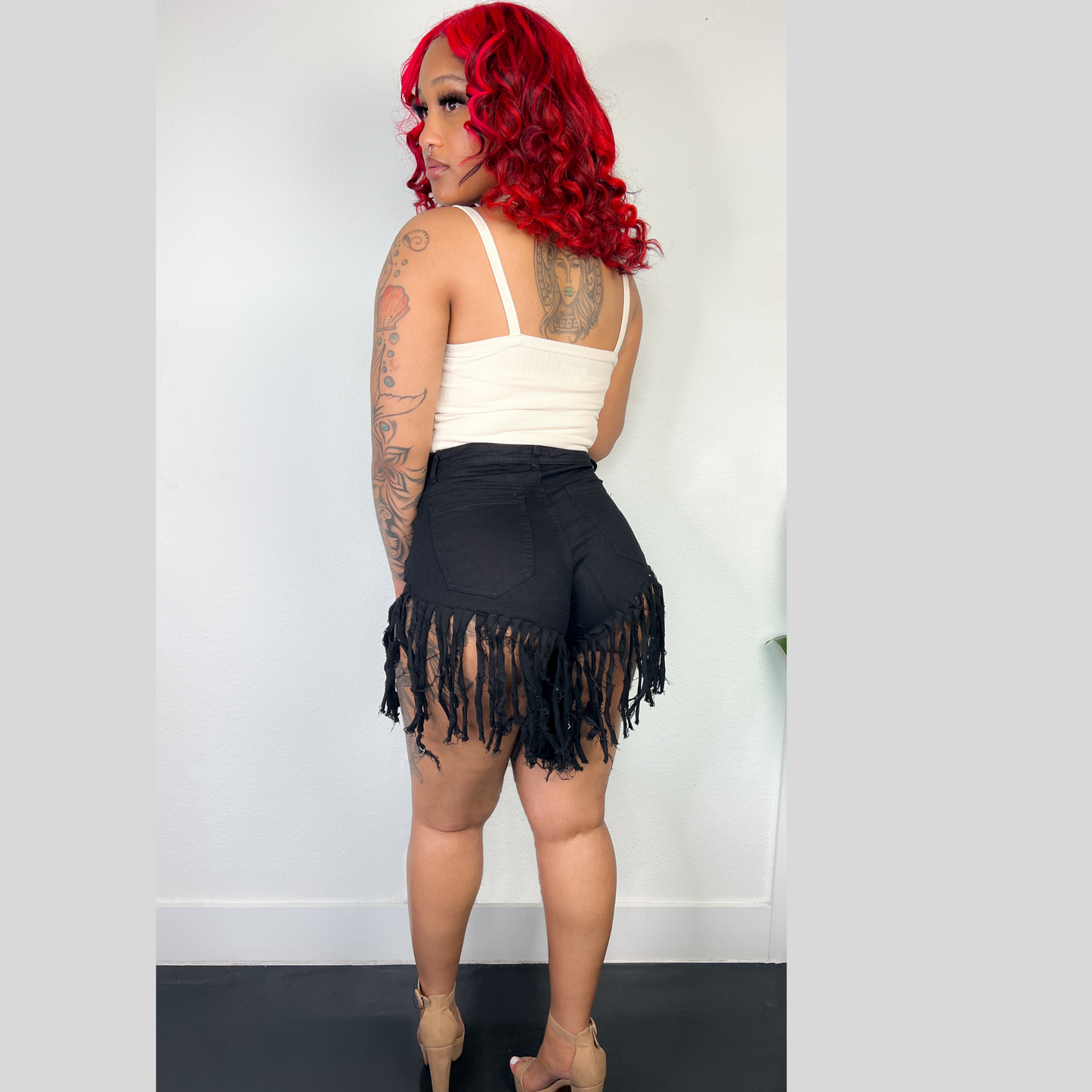 high waist stretch fringed denim shorts