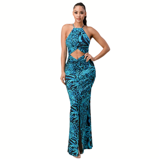 halter neck knit maxi dress