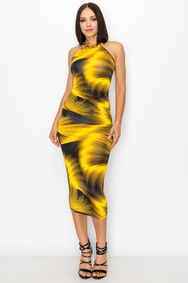 Omaria Gold and Black sleeveless midi dress